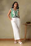 Tashee_Green , Satin Embroidery V-neck Jacket And Ivory Pants Set _at_Aza_Fashions