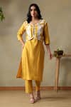 Buy_Tashee_Yellow Cotton Embroidery Round Neck, Slub Kurta Set _at_Aza_Fashions