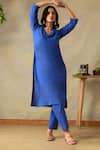 Shop_Tashee_Blue Cotton Embroidery V-neck Slub Kurta Set _Online_at_Aza_Fashions