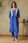 Buy_Tashee_Blue Cotton Embroidery V-neck Slub Kurta Set _at_Aza_Fashions