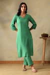 Tashee_Green Cotton Embroidery Round Neck, Slub Kurta Set _Online_at_Aza_Fashions
