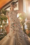 Shop_Sahil Kochhar_Beige Organza Sequins Round Neck Designer Embroidered Gown _at_Aza_Fashions