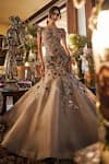 Buy_Sahil Kochhar_Beige Organza Sequins Round Neck Designer Embroidered Gown _at_Aza_Fashions