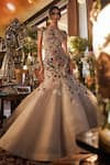 Sahil Kochhar_Beige Organza Sequins Round Neck Designer Embroidered Gown _Online_at_Aza_Fashions
