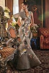 Buy_Sahil Kochhar_Gray Organza Embroidery V-neck Designer Grey Gown _at_Aza_Fashions