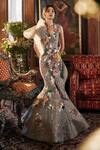 Shop_Sahil Kochhar_Gray Organza Embroidery V-neck Designer Grey Gown _at_Aza_Fashions