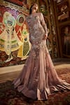 Shop_Sahil Kochhar_Pink Net Sequins, Embroidery Boat Neck Designer Embellished Gown _at_Aza_Fashions