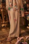 Sahil Kochhar_Beige Organza, Crepe Embroidery Round Neck Designer Floral Kurta Pant Set _Online_at_Aza_Fashions
