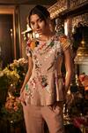 Shop_Sahil Kochhar_Pink Crepe Embroidery, Sequins Round Neck Peplum Top And Pant Set _at_Aza_Fashions