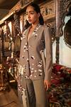 Buy_Sahil Kochhar_Gray Viscose Embroidery V-neck Grey Jacket And Trouser Set _Online_at_Aza_Fashions