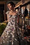 Shop_Sahil Kochhar_Gray Organza Sequins, Embroidery Square Neck Grey Floral Designer Gown _at_Aza_Fashions