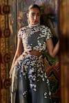 Shop_Sahil Kochhar_Gray Organza Embroidery, Fabric Flowers High Neck Grey Floral Dress Set _at_Aza_Fashions