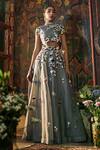 Buy_Sahil Kochhar_Gray Organza Embroidery, Fabric Flowers High Neck Grey Floral Dress Set _at_Aza_Fashions
