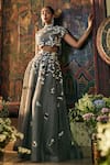Sahil Kochhar_Gray Organza Embroidery, Fabric Flowers High Neck Grey Floral Dress Set _Online_at_Aza_Fashions