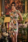 Shop_Sahil Kochhar_Pink Net Beads, Fabric Flowers Round Neck Quirky Designer Dress _at_Aza_Fashions