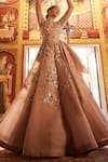Shop_Sahil Kochhar_Beige Organza Sequins, Embroidery Round Neck Designer Gown _at_Aza_Fashions