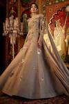 Buy_Sahil Kochhar_Beige Organza Embroidery Round Neck Designer Gown _at_Aza_Fashions