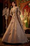 Shop_Sahil Kochhar_Beige Organza Embroidery Round Neck Designer Gown _at_Aza_Fashions