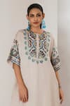 Saahiil Kapoor_Cream Linen, Satin Embroidery Round Neck Champagne Kurta And Pant Set _Online_at_Aza_Fashions