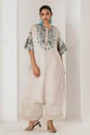 Buy_Saahiil Kapoor_Cream Linen, Satin Embroidery Round Neck Champagne Kurta And Pant Set _at_Aza_Fashions