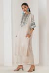 Saahiil Kapoor_Cream Linen, Satin Embroidery Round Neck Champagne Kurta And Pant Set _at_Aza_Fashions
