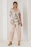 Buy_Saahiil Kapoor_Beige Linen, Satin Embroidery V-neck Champagne Tunic And Pant Set _at_Aza_Fashions