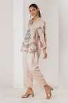 Saahiil Kapoor_Beige Linen, Satin Embroidery V-neck Champagne Tunic And Pant Set _Online_at_Aza_Fashions
