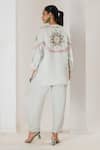 Shop_Saahiil Kapoor_Mint Linen, Satin Embroidery V-neck Floral Top And Pant Set _at_Aza_Fashions