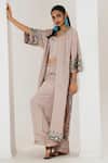 Buy_Saahiil Kapoor_Beige Linen, Satin Embroidery Round Neck Champagne Jacket Set _Online_at_Aza_Fashions