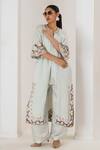 Saahiil Kapoor_Mint Linen, Satin Embroidery Square , Round Crop Top Pant Set _at_Aza_Fashions