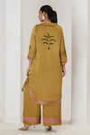 Shop_Saahiil Kapoor_Mustard Linen, Satin Embroidery V-neck Kurta Pant Set _at_Aza_Fashions