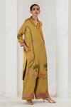 Buy_Saahiil Kapoor_Mustard Linen, Satin Embroidery V-neck Kurta Pant Set 