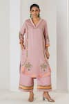 Buy_Saahiil Kapoor_Pink Linen, Satin Embroidery V-neck Dusty Rose Kurta And Pant Set _at_Aza_Fashions