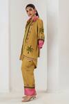 Saahiil Kapoor_Mustard Linen, Satin Embroidery Collared Shirt And Pant Set _Online_at_Aza_Fashions