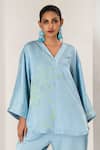 Saahiil Kapoor_Sky Blue Linen, Satin Embroidery V-neck Designer Top And Pant Set _Online_at_Aza_Fashions