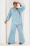 Buy_Saahiil Kapoor_Sky Blue Linen, Satin Embroidery V-neck Designer Top And Pant Set _at_Aza_Fashions