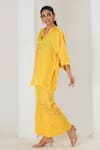 Saahiil Kapoor_Yellow Linen, Satin Embroidery Split V-neck Floral Top And Pant Set _Online_at_Aza_Fashions