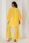 Shop_Saahiil Kapoor_Yellow Linen, Satin Embroidery Split V-neck Floral Top And Pant Set _at_Aza_Fashions