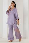 Saahiil Kapoor_Lilac Linen, Satin Embroidery V-neck Top And Pant Set _Online_at_Aza_Fashions