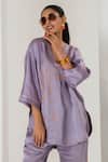 Saahiil Kapoor_Lilac Linen, Satin Embroidery V-neck Top And Pant Set _at_Aza_Fashions