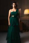 Dajwaree_Green Georgette Beads Round Neck Pre-draped Saree Set _Online_at_Aza_Fashions