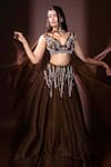 Buy_Dajwaree_Brown Organza Beads, Sequins, Embroidery V-neck Designer Lehenga Set _at_Aza_Fashions