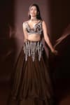 Dajwaree_Brown Organza Beads, Sequins, Embroidery V-neck Designer Lehenga Set _Online_at_Aza_Fashions