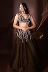 Shop_Dajwaree_Brown Organza Beads, Sequins, Embroidery V-neck Designer Lehenga Set _at_Aza_Fashions