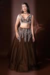Buy_Dajwaree_Brown Organza Beads, Sequins, Embroidery V-neck Designer Lehenga Set _Online_at_Aza_Fashions