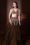 Shop_Dajwaree_Brown Organza Beads, Sequins, Embroidery V-neck Designer Lehenga Set _Online_at_Aza_Fashions