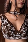 Dajwaree_Brown Organza Beads, Sequins, Embroidery V-neck Designer Lehenga Set _at_Aza_Fashions