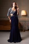 Buy_Dajwaree_Navy Georgette Embroidery, Sequins Round Neck Designer Blue Saree Set _at_Aza_Fashions