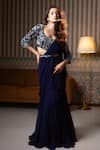Buy_Dajwaree_Navy Georgette Embroidery, Sequins Round Neck Designer Blue Saree Set 
