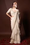 Buy_Dajwaree_White Organza, Silk Embroidery, Sequins V-neck Designer Nargis Saree Set _at_Aza_Fashions